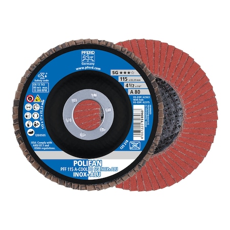Pferd 4-1/2" x 7/8" A.H. POLIFAN Flap Disc - A-COOL SG INOX+ALU, Aluminum oxide, 80 Grit, Flat 62363